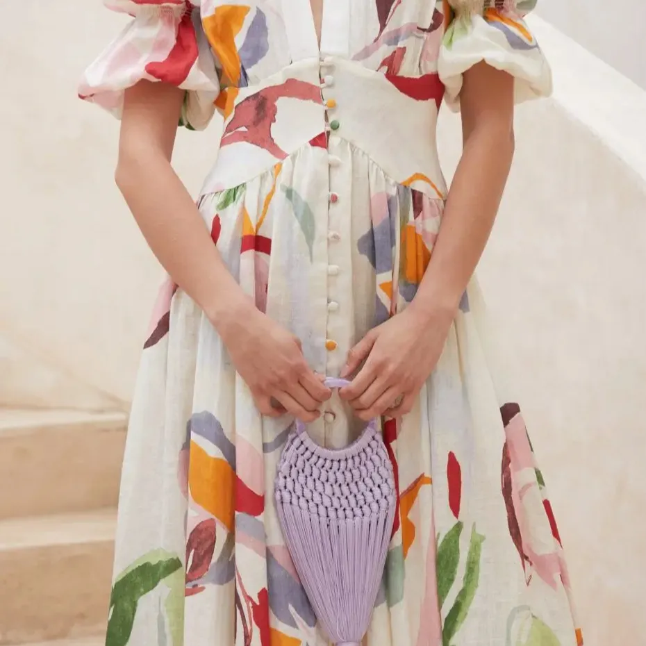 Vestido longo maxi com botão floral estampado cor misturada vestido de chiffon para presente feminino para ela