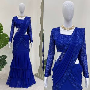 <span class=keywords><strong>Lehenga</strong></span> tipi hazır giymek fırfır tarzı kadın Saree Premium Georgette kumaş parti kıyafeti sari toptan fiyatlarla