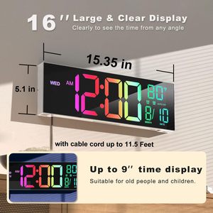 リモコン付き16インチデジタルウォールウォッチ時計大きなLEDスクリーンディスプレイRGB色リビングルームの寝室の温度 - Product Image 3