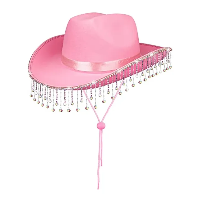 Topi Koboi Pinggiran Berlian Imitasi Merah Muda Topi Koboi Pengantin Putih Pernikahan dengan Pinggiran Berlian Bridal Shower Berlian Imitasi Topi Pinggiran