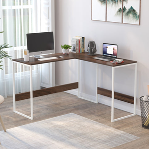 L-Shape Study <strong>Computer</strong> Laptop <strong>Table</strong> for Home or Office Work From Home Desk Brown Maple with White Metal Legs