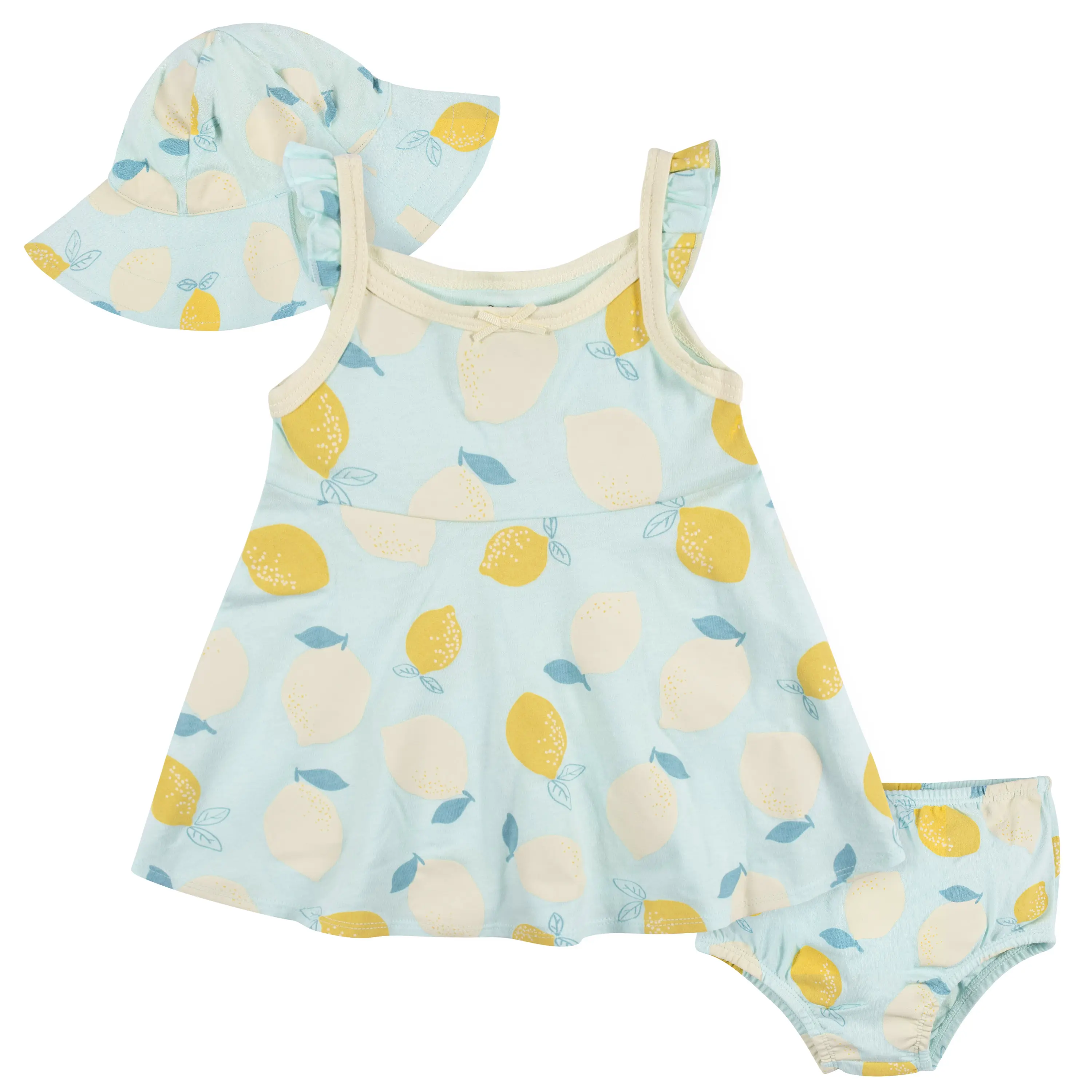 Gerber 3 peças bebê & criança meninas pequeno limão vestido, fralda capa & reversível chapéu de sol conjunto