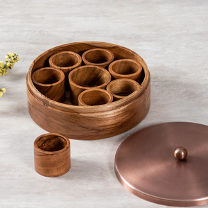<strong>Admirable</strong> Design Wooden Spice Box 6 Compartment with Latest Lid Round Shape and Spoon for Kitchenware Use - Product Image 4