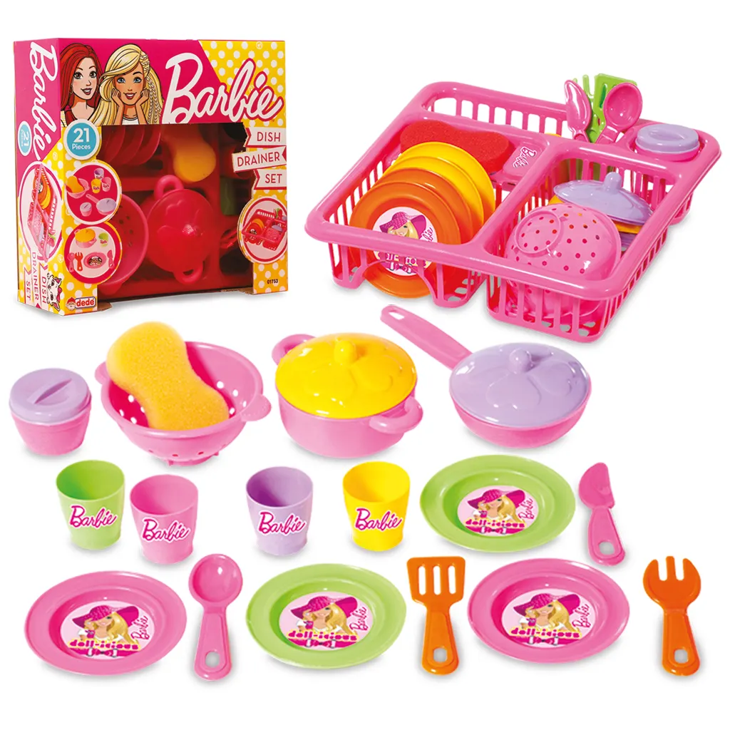 Set di scolapiatti Barbie prodotti con licenza 21 pezzi Set di piatti in plastica gioco di ruolo interattivo divertente giocattolo da cucina per ragazze