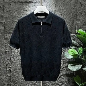 メンズ人気の夏用アイスシルクTシャツ2024クラシックレトロ半袖ポロシャツ毎日固体グリッド静脈新しいスリムフィット - Product Image 3