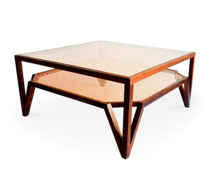 Wooden Coffee Table with Two <strong>Strands</strong> Using Natural Rattan with a Combination of Glass for the Table Top - Product Image 1