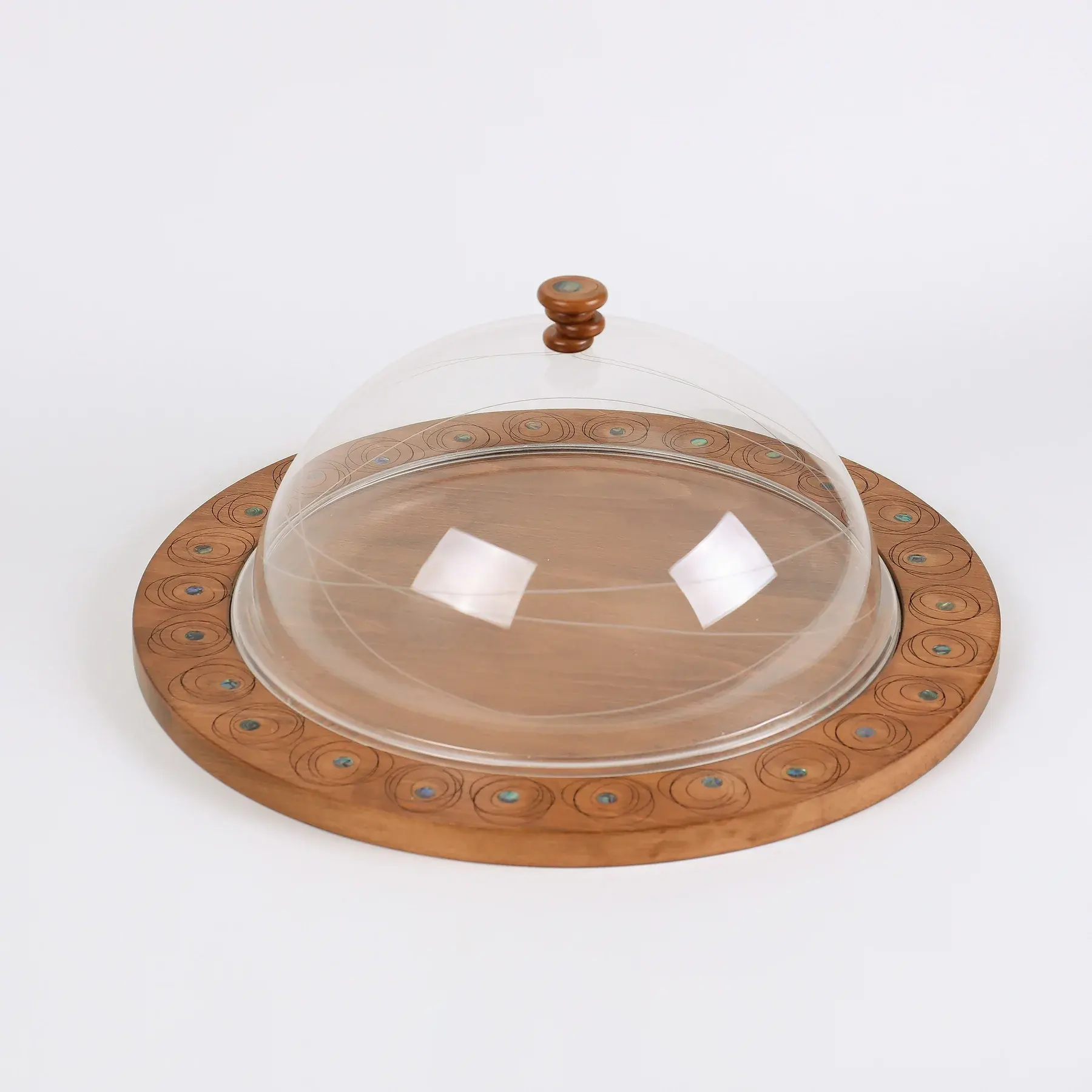 New Design Natural MOP Wooden Platter Food and Fruit Trays Round Serving Tray with Acrylic Lid Arabian Style Eid Ramadan Gifts