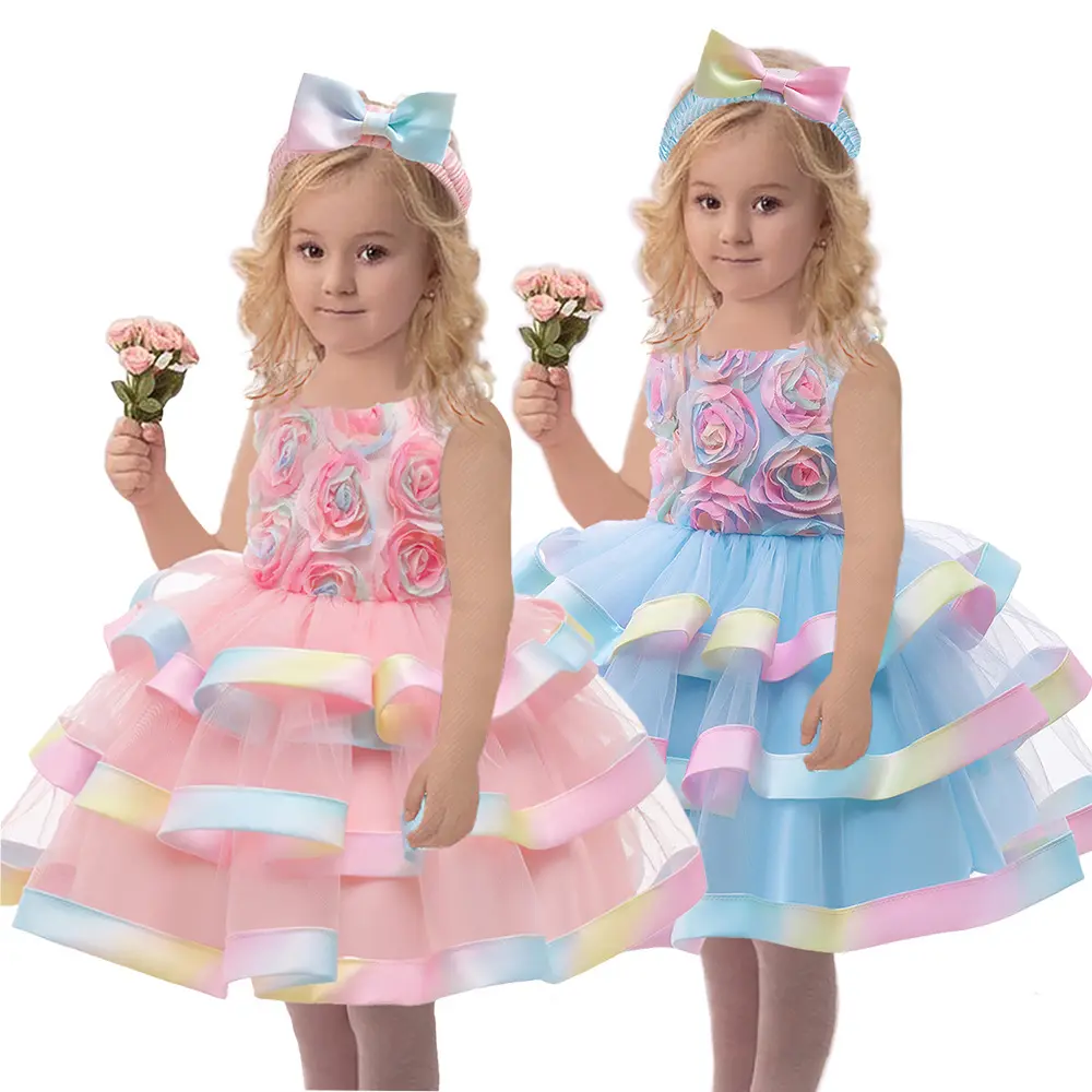 2023 Spring New Girls' Dress Yarn Dress Children's Princess Dress+Headband Colorful Baby Girls Formal Lace Birthday Manufacturer