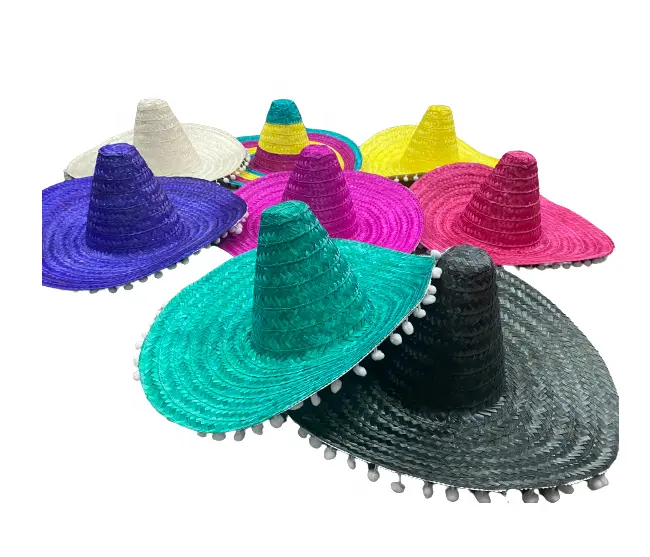 Sombrero de ala ancha personalizado, pompones, sombrero de paja, sombrero mexicano, fiesta de baile, sombreros de paja (WhatsApp 0084587176063 Sandy)