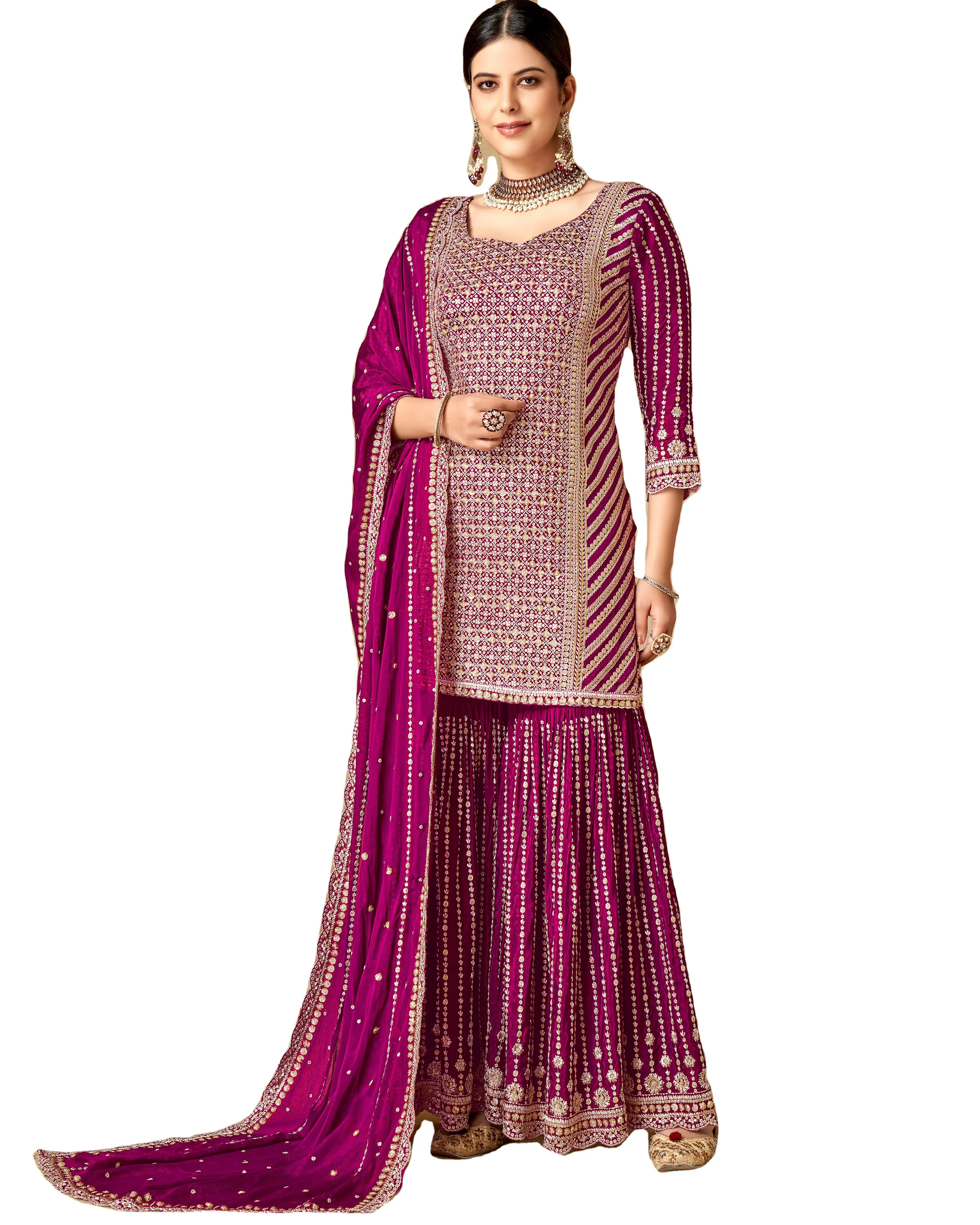 ملابس نسائية جديدة مميزة مطرزة بمقاس كبير من Chinon فستان هندي تشكيلة للعيد 2024