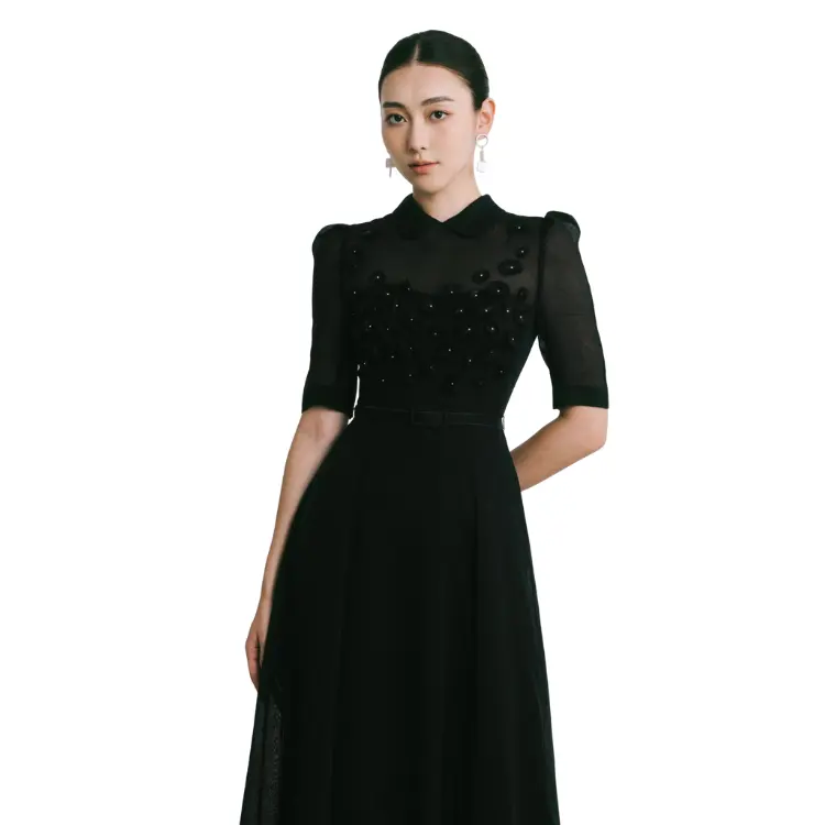 Best Selling Long Dress With Flared Shape RIA CIRCLE DETAIL MIDI DRESS Good Price Sheer Triacetate Elegant Dress For Women
