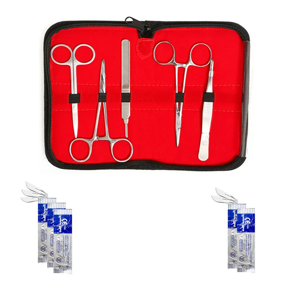 Kunden spezifische 5-teilige chirurgische Kits mit Skalpell griff Messer Schere Pinzette Pinzette Werkzeuge Sets mit Ledertasche