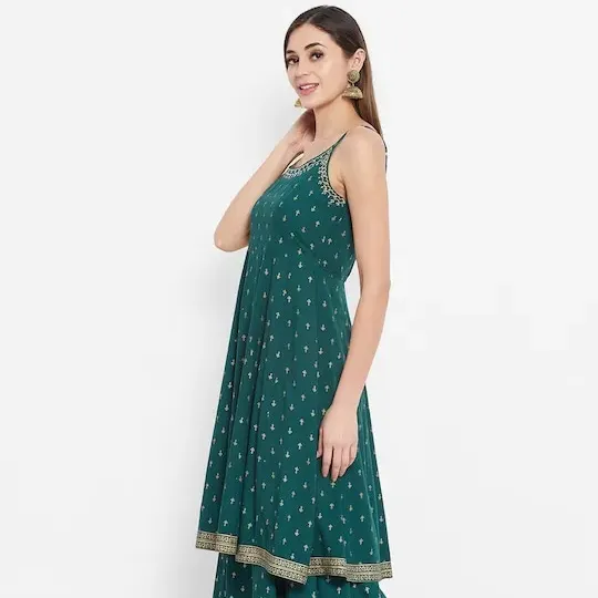 New Designer Kurta Set For Women Green Geometric Embroidered Anarkali Shape Empire Style Kurta With Sharara & Dupatta Sets OEM