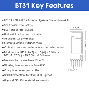 Kit de desarrollo de módulo Bluetooth, transmisión de datos grandes de 60KB/s UART, distancia de 90m, módulo SPP3.0 + BLE5.0, comandos AT - Product Image 3
