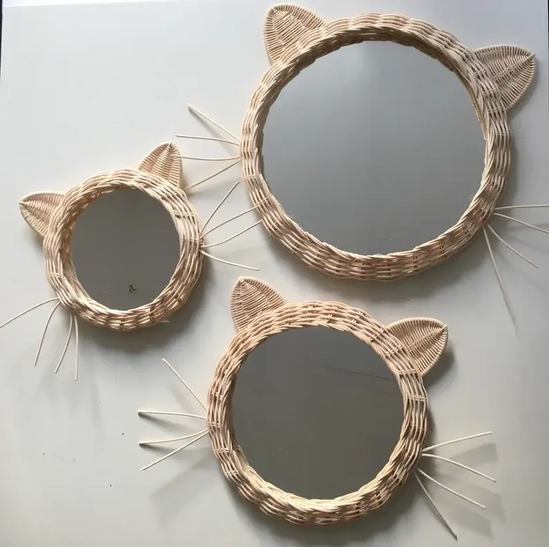 Зеркало из ротанга с фигурками животных, настенное украшение ручной работы в современном стиле, маленькое декоративное зеркало в форме кошки из ротанга для детской комнаты