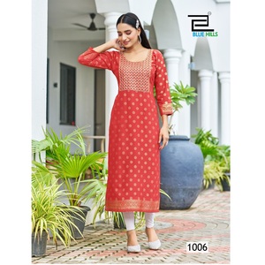 Fancy Rayon 14KGホイルプリントKurtisザリ刺繍シーケンス & スレッド作品インド & パキスタン服 - Product Image 1