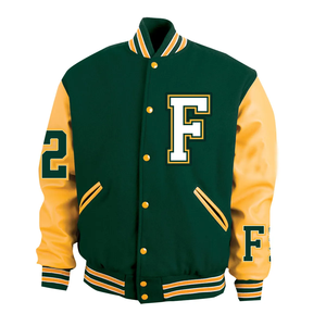 定制校队夹克绿色黄色莱特曼风格<span class=keywords><strong>F</strong></span>补丁轰炸机夹克男校队运动服