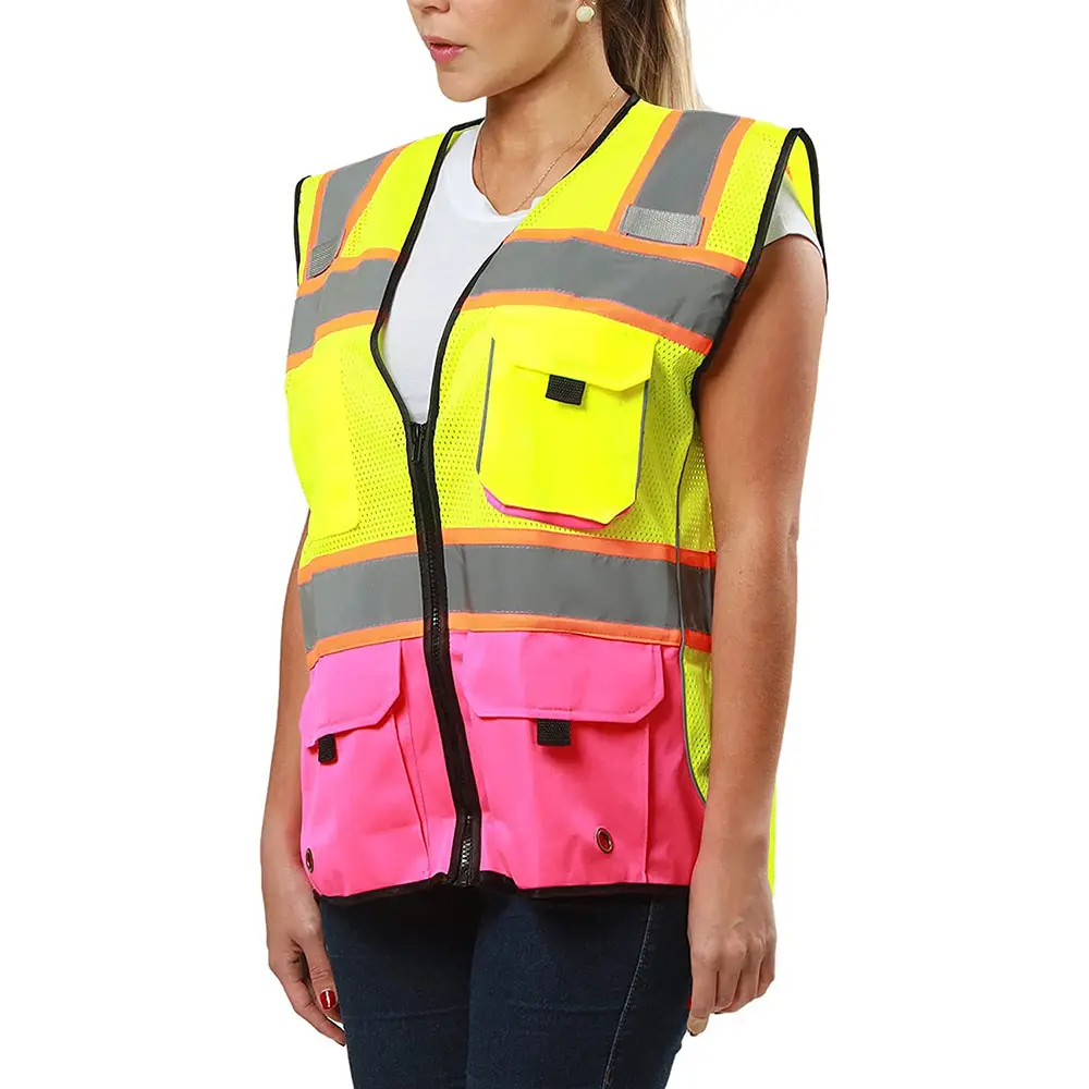 OEM-chaleco reflectante para mujer, ropa de trabajo con cremallera, malla de 2 tonos, múltiples bolsillos, chaqueta de advertencia de tráfico para construcción