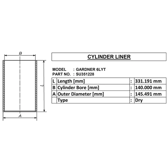 Rivestimento cilindro a secco per gardner 6lyt oe:-su351228 id:-140mm od:-145.491mm lunghezza:-331.191mm realizzato in india