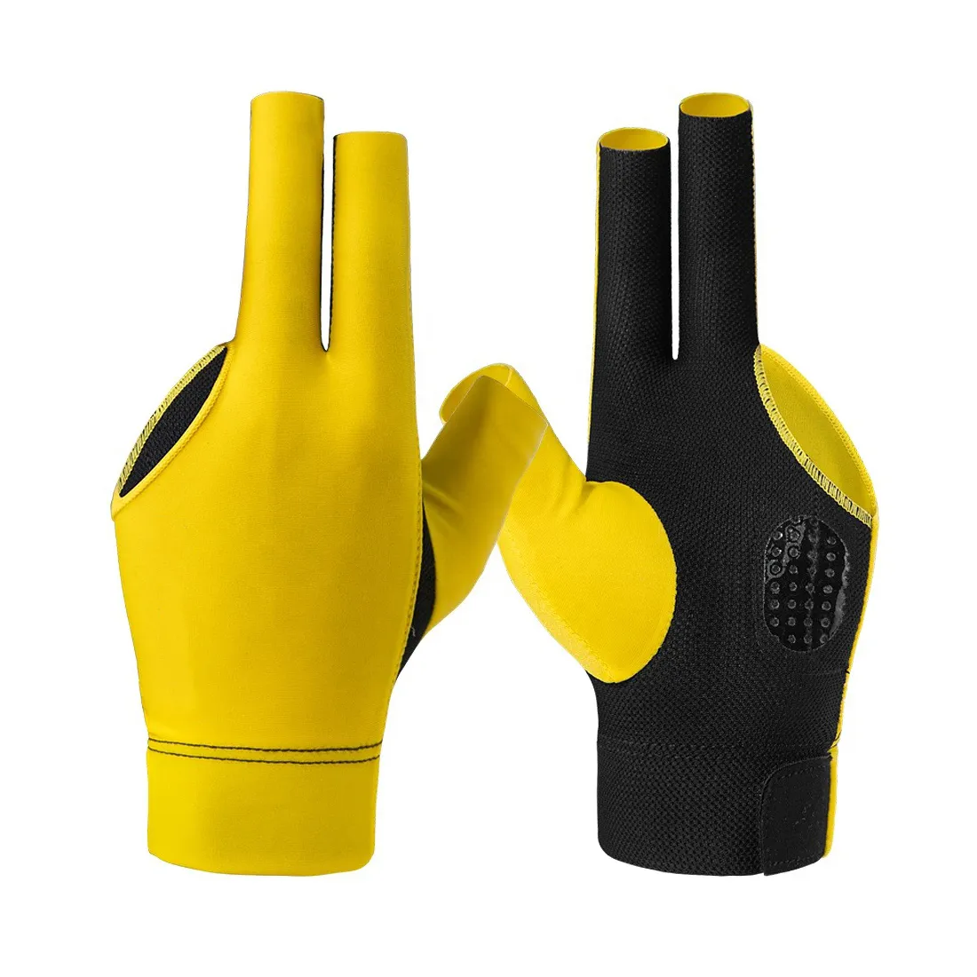 Benutzer definierte gelbe Farbe Billard Sport handschuhe rutsch feste Pad 3 Finger Pool Cue Snooker Handschuhe für die linke oder rechte Hand