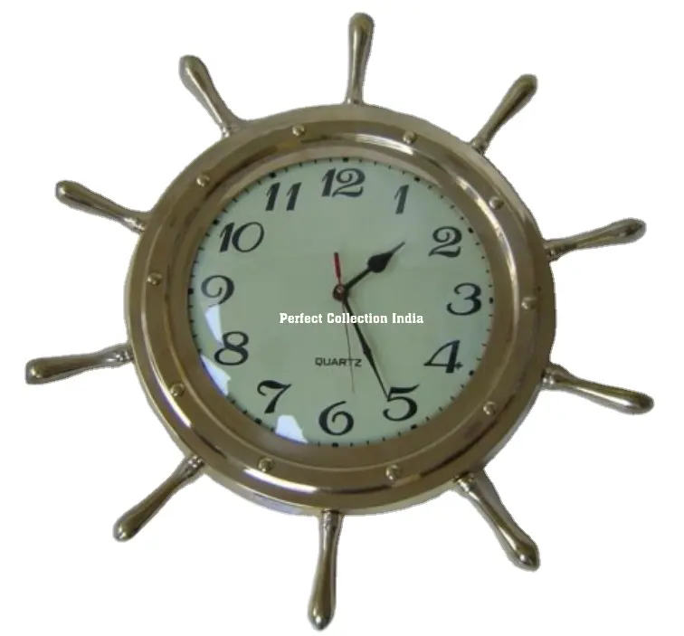 Jam dinding desain roda kapal buatan tangan 12 "/dekorasi bahari Jam kuningan dipasang di dinding/dekorasi ruang tamu jam roda kapal