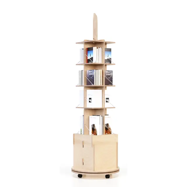 Étagère rotative multifonctionnelle en bois avec roulettes pour librairie et bibliothèque Made in Italy