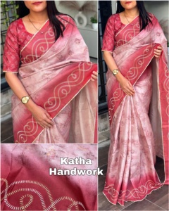 Evergreen tasarımcı elbise Tusser pamuk Saree bluz tasarımcı el <span class=keywords><strong>Katha</strong></span> ve dijital baskı iplik iş Online alışveriş hindistan