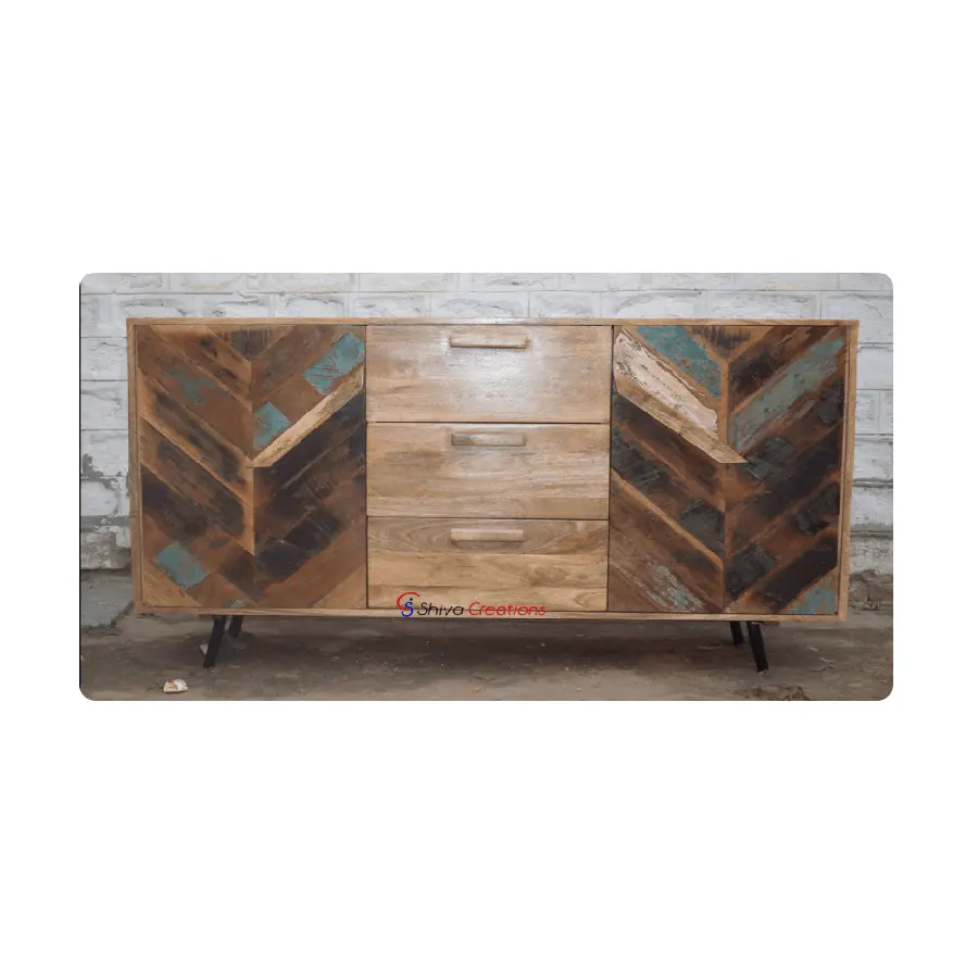 Modern Antique Handmade Traditional Wooden Cabinet 3 Drawer 2 Doors with Metal Legs Industrial Furniture Indoor Furnitur