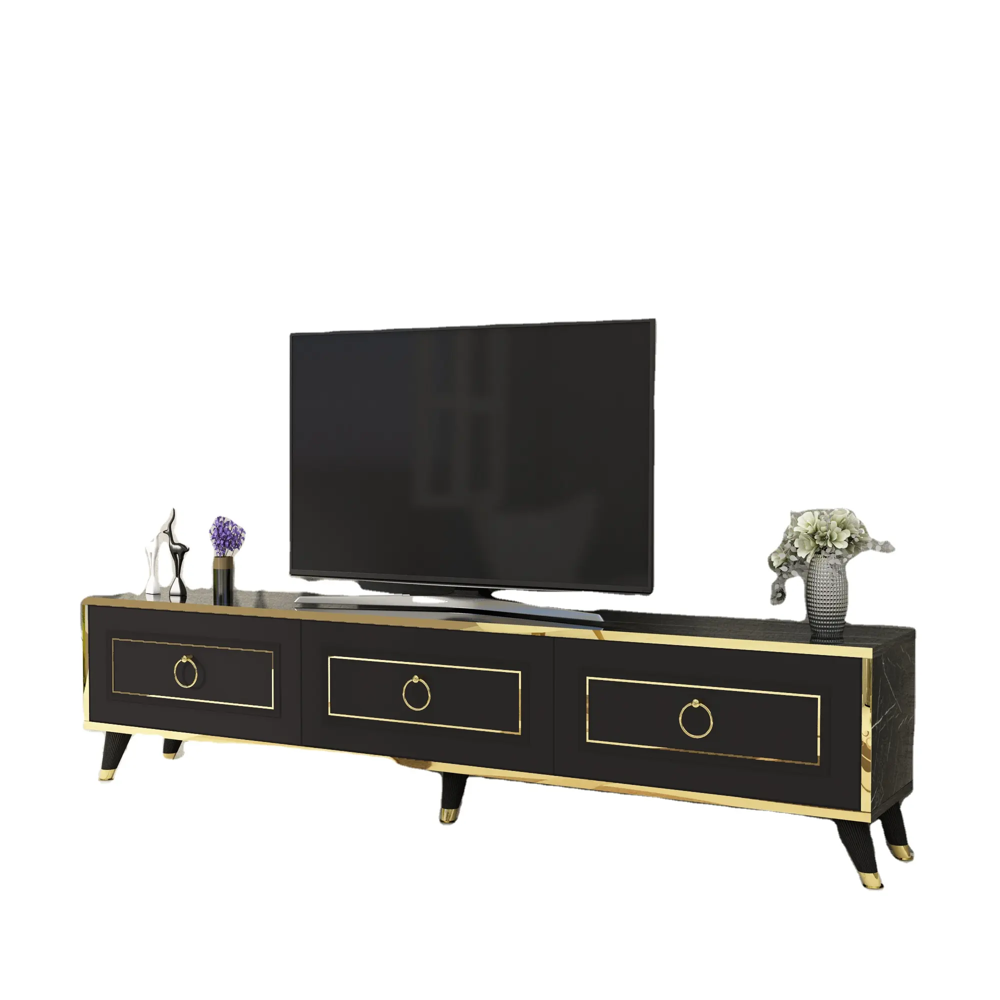 Romens 180 cm Wide TV Stand Cabinet Media Lowboard Entertainment Center com armazenamento fechado-Black Marble Gold