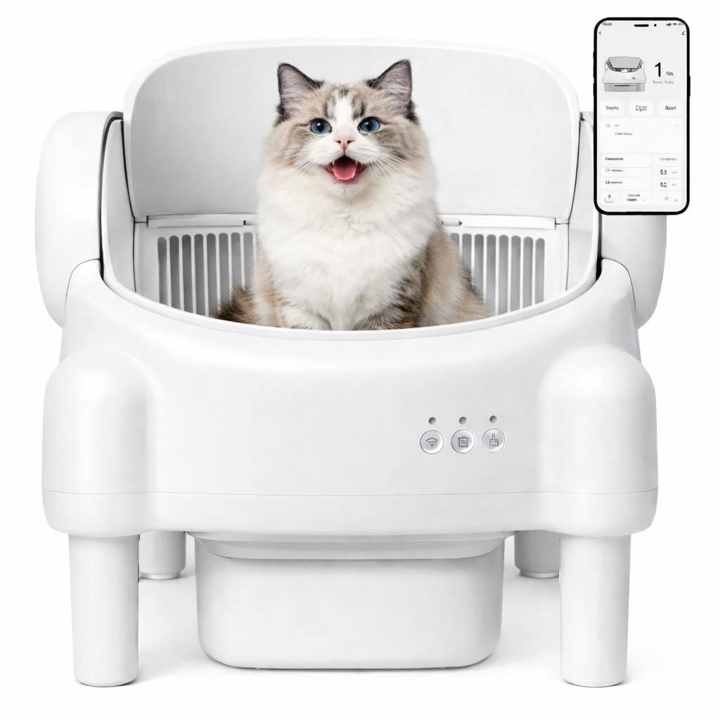 Caja de arena para gatos con control por app, enchufe europeo blanco.