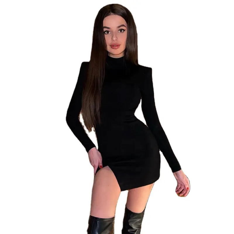 2024 Sexy black dresses with slit Casual long sleeves high neck dresses Hot girl street style dresses