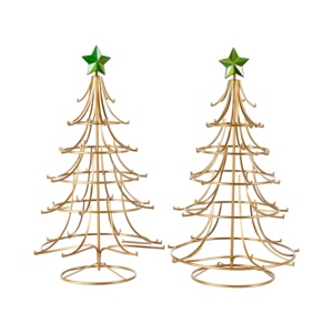 Gold Metal Wire Christmas <strong>Tree</strong> Set of 2 Modern Tabletop Holiday Decor with Green Star Toppers, Led Lighting Festive Display <strong>Tree</strong> - Product Image 1