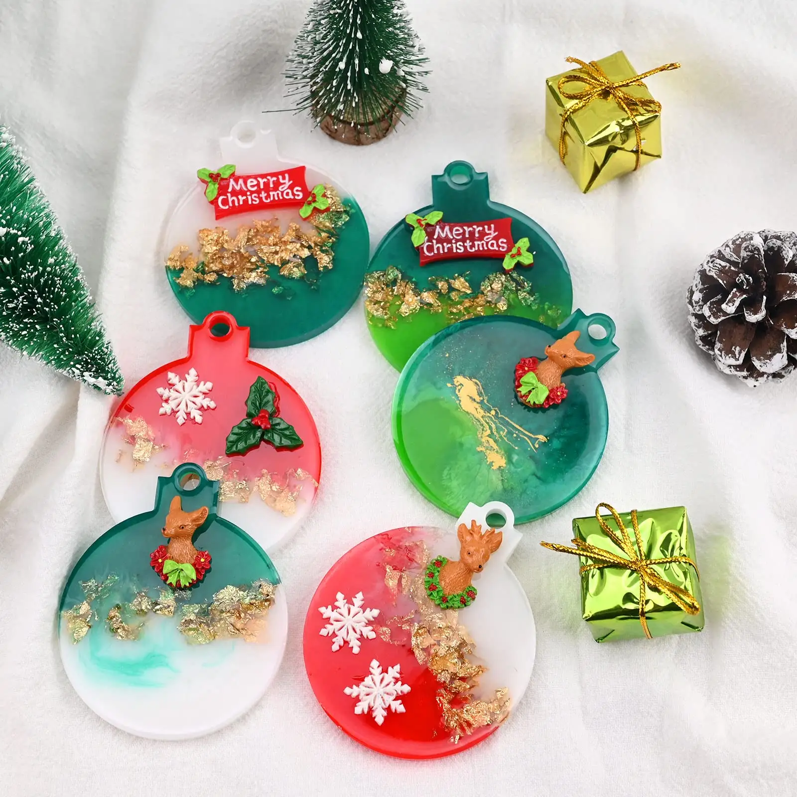 Moldes de resina de silicona para adorno de Navidad, molde colgante de resina epoxi de forma redonda para manualidades DIY, decoraciones navideñas