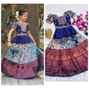 厂家直销价格Kanjivaram真丝面料<span class=keywords><strong>Lehenga</strong></span> <span class=keywords><strong>Choli</strong></span>儿童全缝制传统印度婚礼派对服装