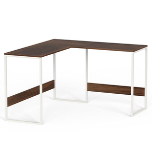 L-Shape Study <strong>Computer</strong> Laptop <strong>Table</strong> for Home or Office Work From Home Desk Brown Maple with White Metal Legs