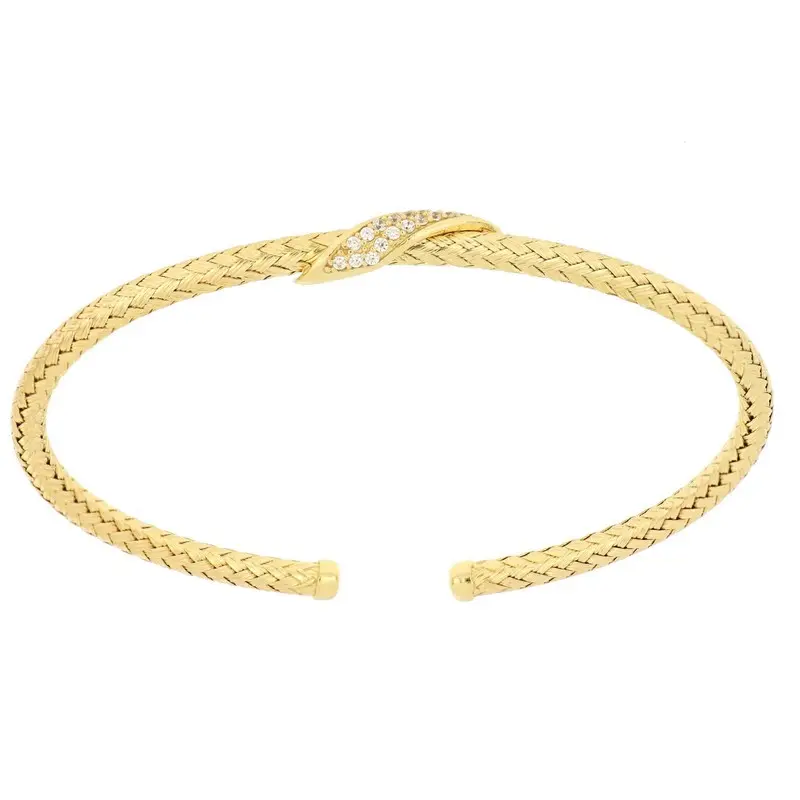 HAND MADE BASKET WEAVE TUBE YELLOW GOLD PLATED BANGLE