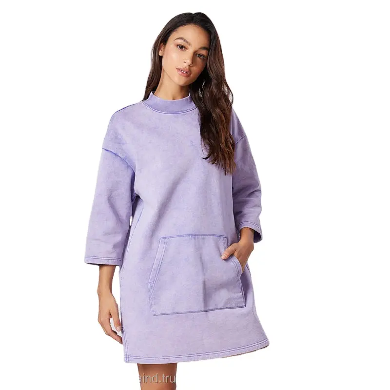 Benutzer definiertes Logo Frauen Hoodies Lila Baumwolle Säure waschen lange Hoodie übergroße Hoodies Pullover Sweatshirt Kleid für Mädchen