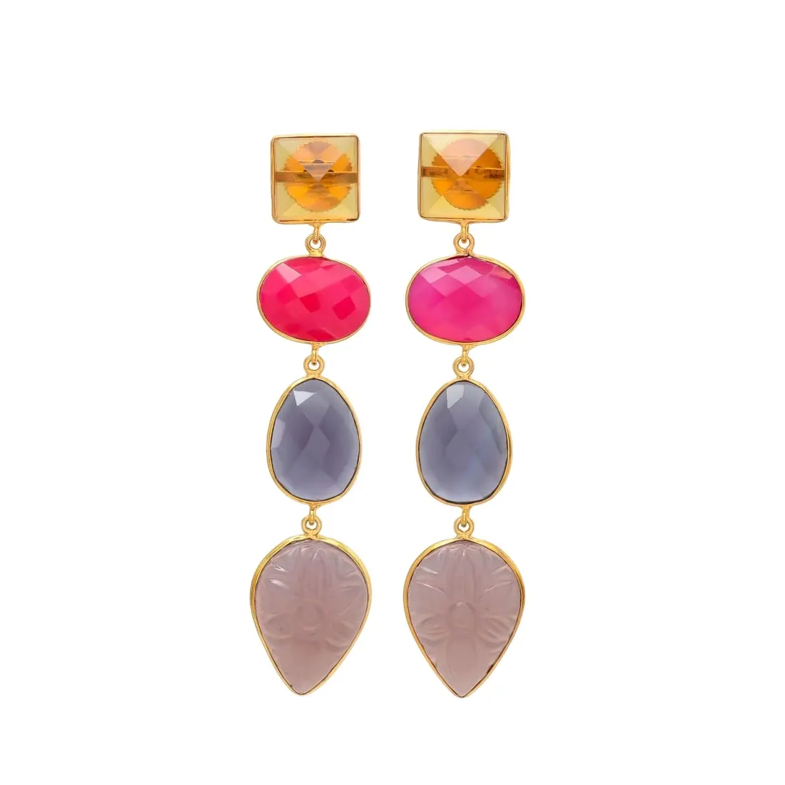 Boucles d'oreilles grises pour femmes, crochet de pierres précieuses fuchsia et opalite Boucles d'oreilles en laiton plaqué or Bijoux à trois pierres