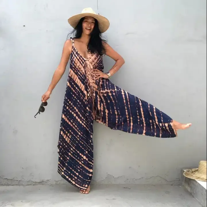 Jumpsuit Wanita Model Terbaru Jumpsuit Tie Dye Jumpsuit Boho Longgar Wanita Gaun Pantai untuk Wanita