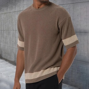 ビンテージパッチワークストライプニットTシャツ男性用夏レジャーOネック半袖ニットTシャツ男性用毎日カジュアル通気性トップス - Product Image 2