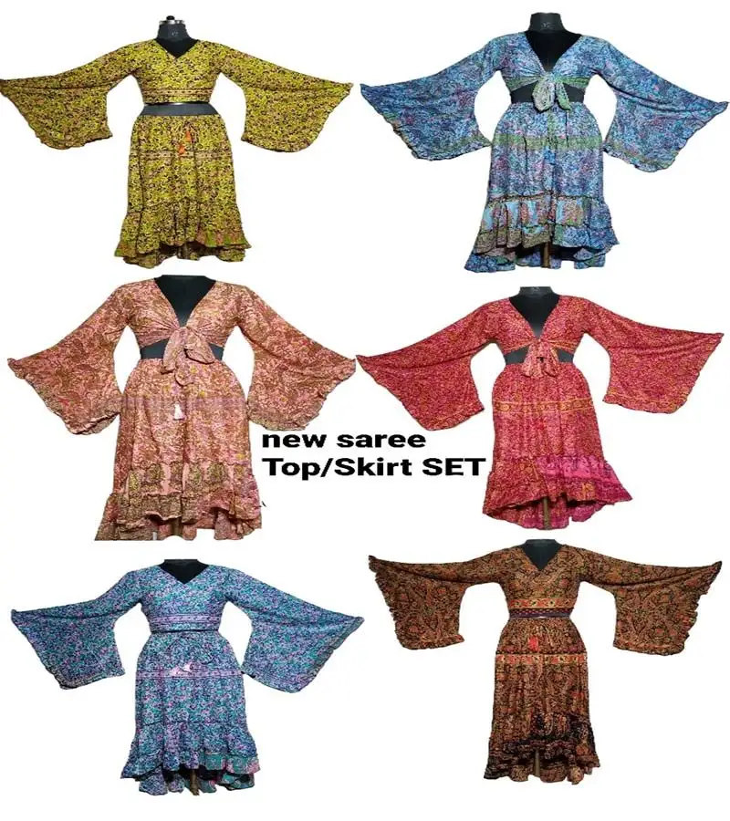 طقم تنورة ساري جديدة من الحرير الهندي العصري فستان طويل وفستان طويل من الراوات للحرف اليدوية