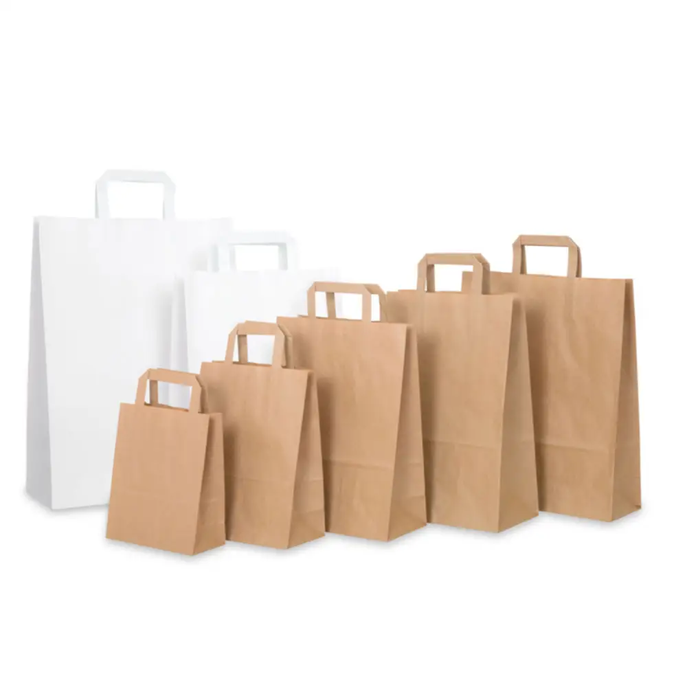 Bolsas de papel marrón liso con asa plana para llevar comida, embalaje de ropa, bolsa de compras de Papel Kraft con diseño personalizado, precio bajo