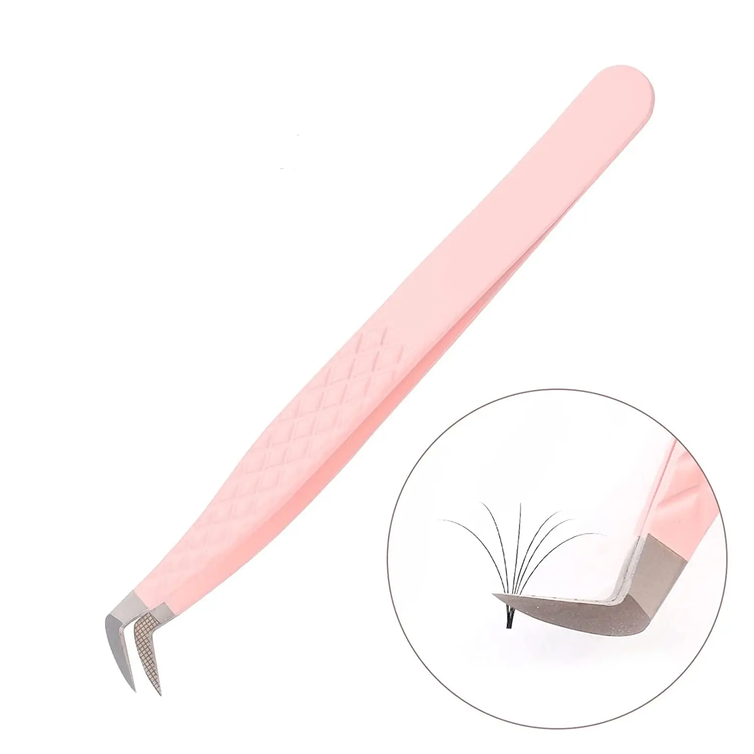 Pinças de extensão de cílios, pinças angulares de ponta de fibra profissional com volume mega rosa