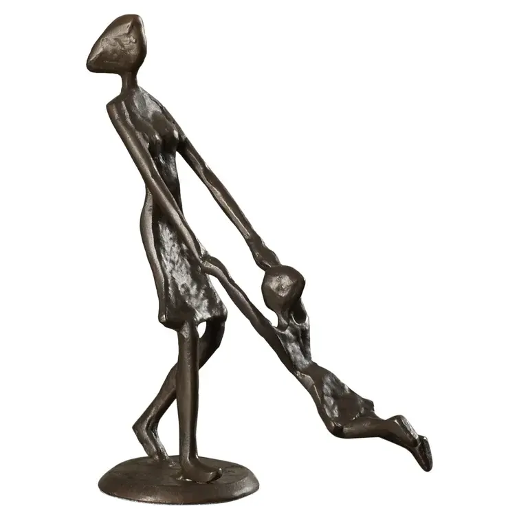 Escultura de metal para mesa de hotel, estátua de ferro fundido elegante para mãe e filho, decoração e uso em presentes, aparência vintage
