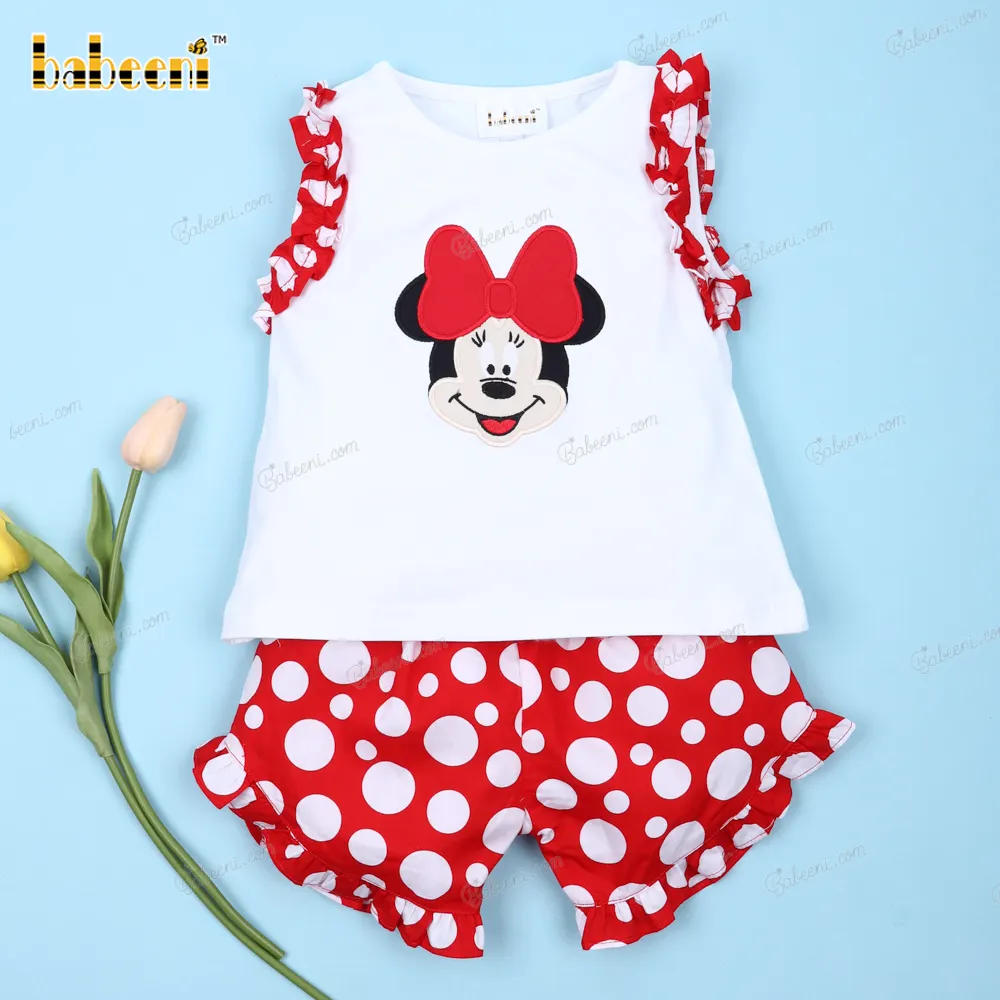 Aplike kıyafetler beyaz Minnie Mouse kız için OEM ODM kız giyim setleri nakış toptan üretici-BB3173