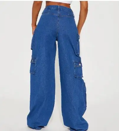 custom made High Street women baggy trousers high rise multi pockets faded washed denim wide leg cargo jeans 100% cotton jeans
