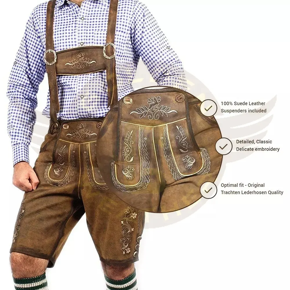 Oem bavarian fantasia curta masculina, 100% couro de camurça tradicional autêntico alemão traje oktoberfesta