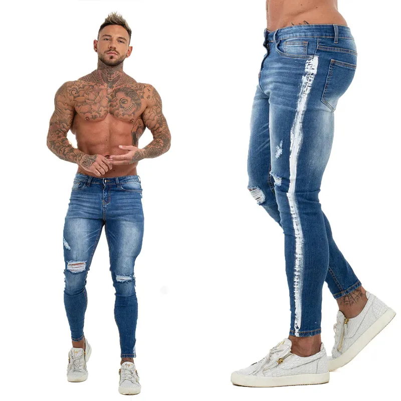 Fashion Brand Distressed Grey Super Stretchy Non-ripped Mens Pants Slim Fit Skinny Denim Jeans Men