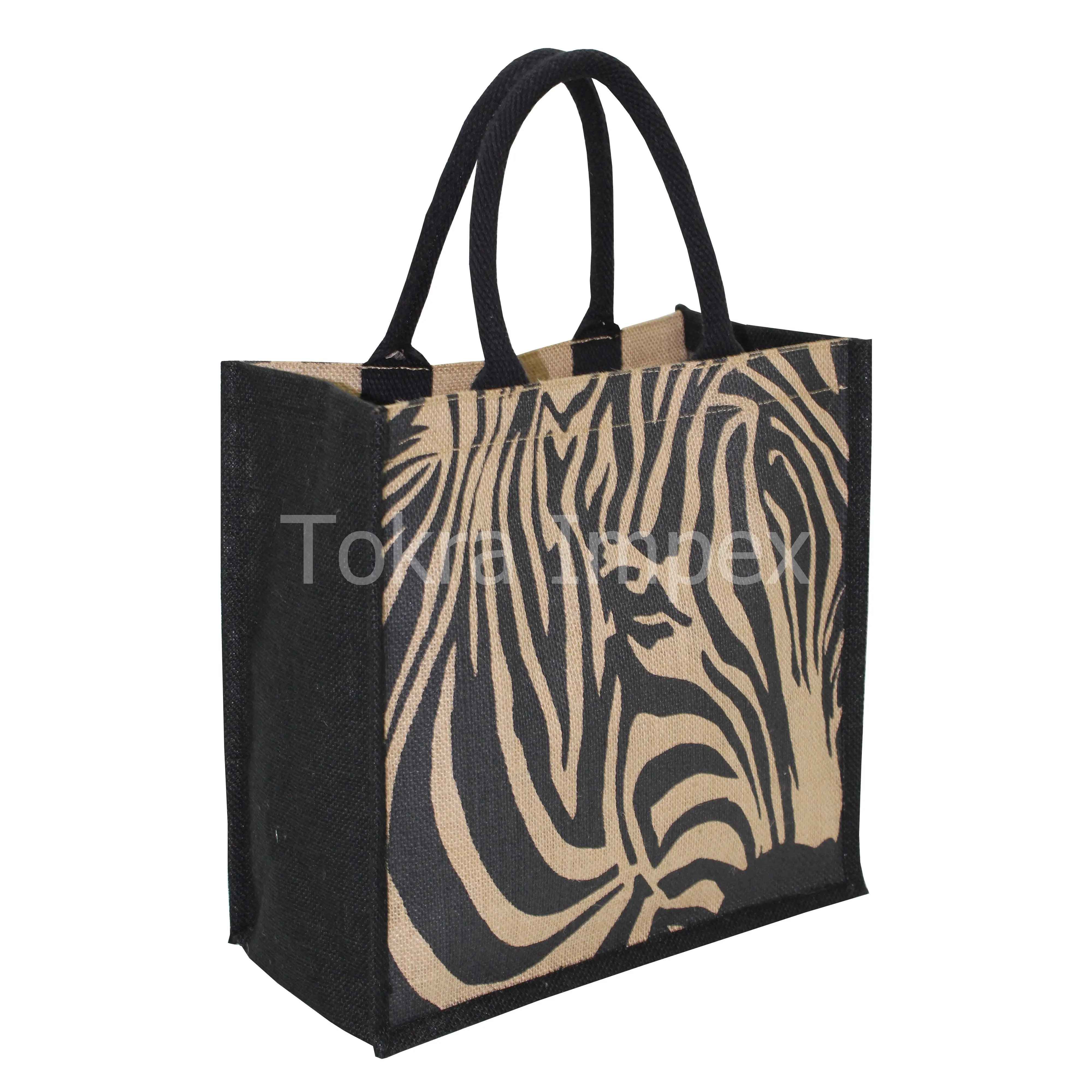 Tas Tote warna kombinasi ganda dengan bantalan cetakan Zebra pegangan tali PP laminasi warna alami dengan sisi hitam