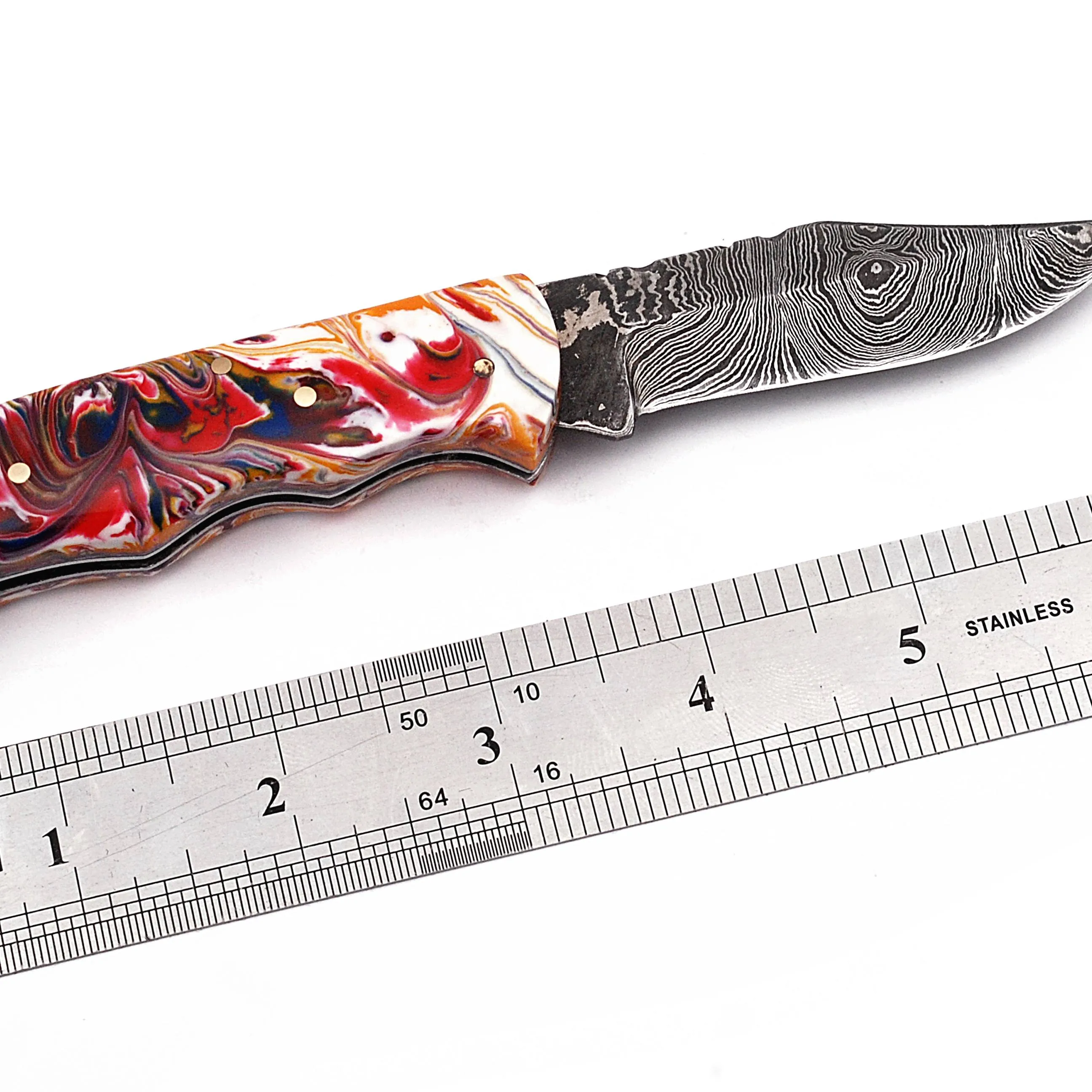 سكين جيب متعدد الوظائف قابل للطي بسعر الجملة سكاكين قابلة للطي من الصلب الدمشقي ومقبض من الراتنج